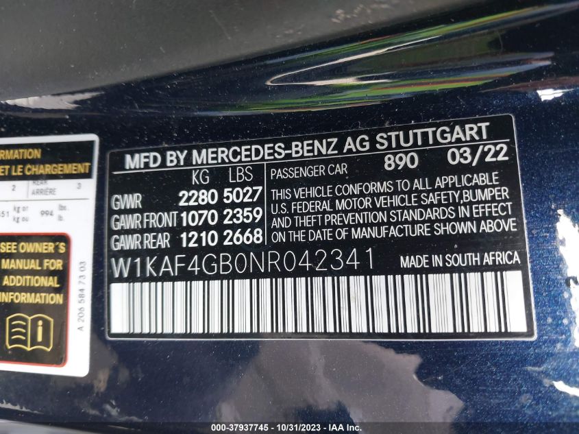 W1KAF4GB0NR042341 2022 MERCEDES-BENZ C-CLASS, photo no. 9