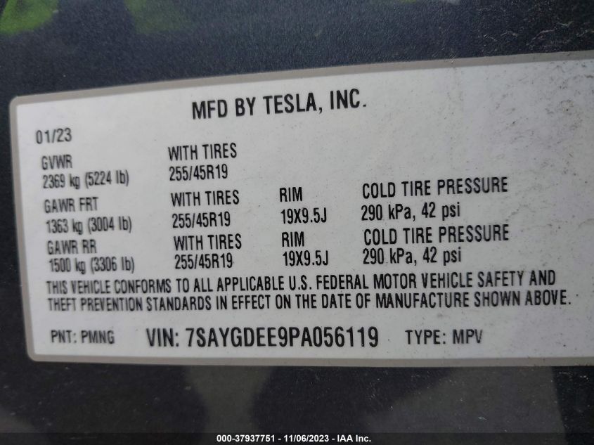 VIN 7SAYGDEE9PA056119 2023 TESLA MODEL Y