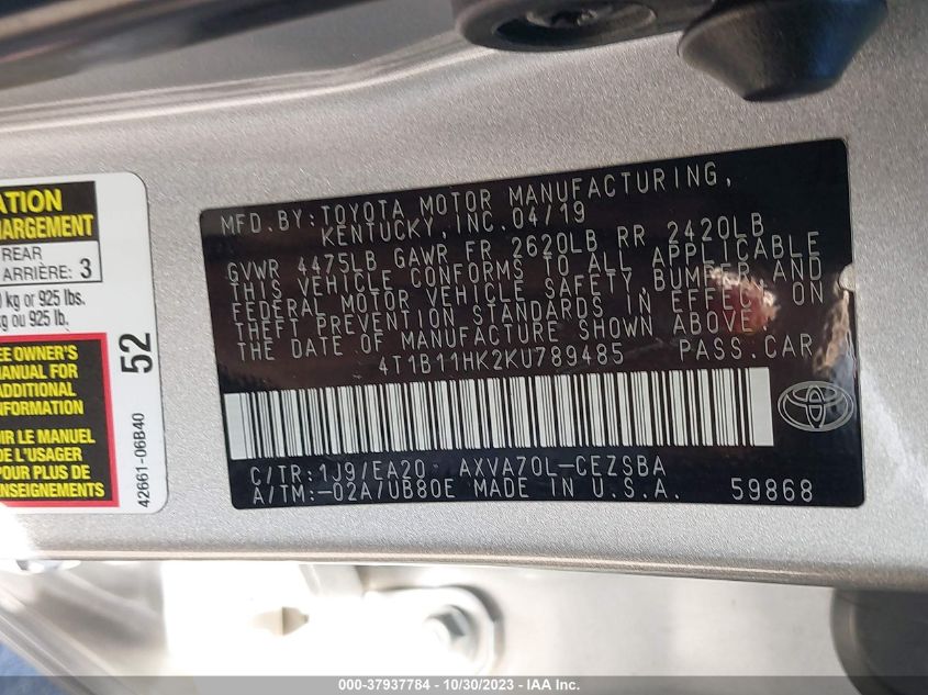 2019 TOYOTA CAMRY L/LE/XLE/SE/XSE - 4T1B11HK2KU789485