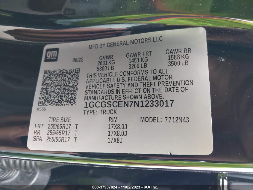 VIN 1GCGSCEN7N1233017 2022 CHEVROLET COLORADO 2WD LT
