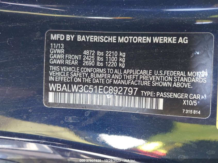 2014 BMW 6 SERIES 640I WBALW3C51EC892797