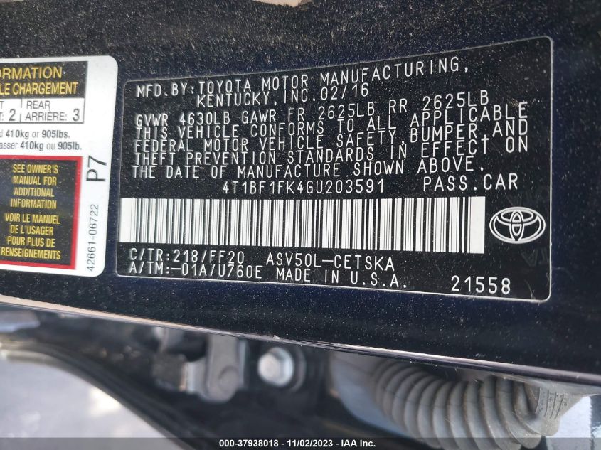 2016 TOYOTA CAMRY XLE/SE/LE/XSE - 4T1BF1FK4GU203591