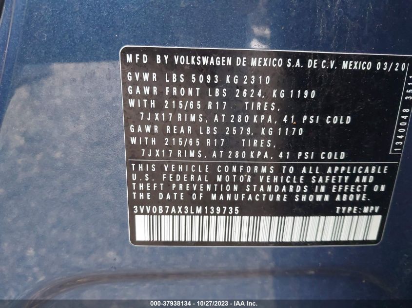 VIN 3VV0B7AX3LM139735 2020 VOLKSWAGEN TIGUAN S