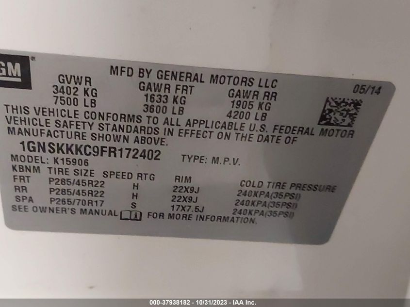 2015 CHEVROLET SUBURBAN 1500 LTZ 1GNSKKKC9FR172402