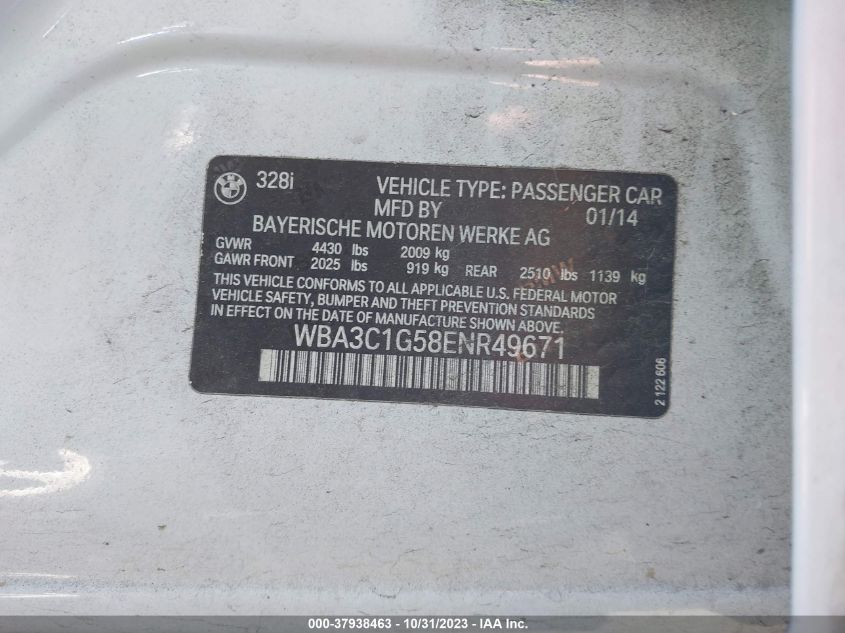 2014 BMW 3 SERIES 328I - WBA3C1G58ENR49671