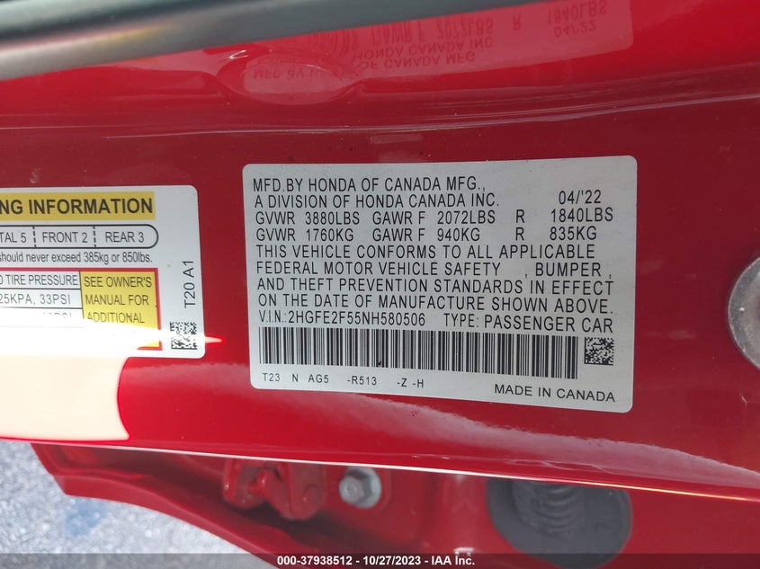 VIN 2HGFE2F55NH580506 2022 HONDA CIVIC SPORT