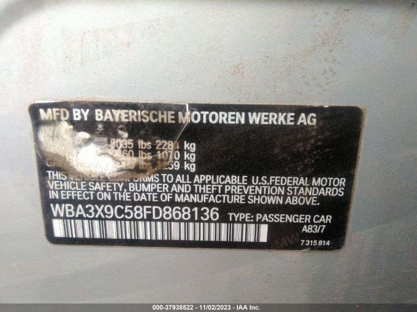2015 BMW 335I GRAN TURISMO XDRIVE - WBA3X9C58FD868136