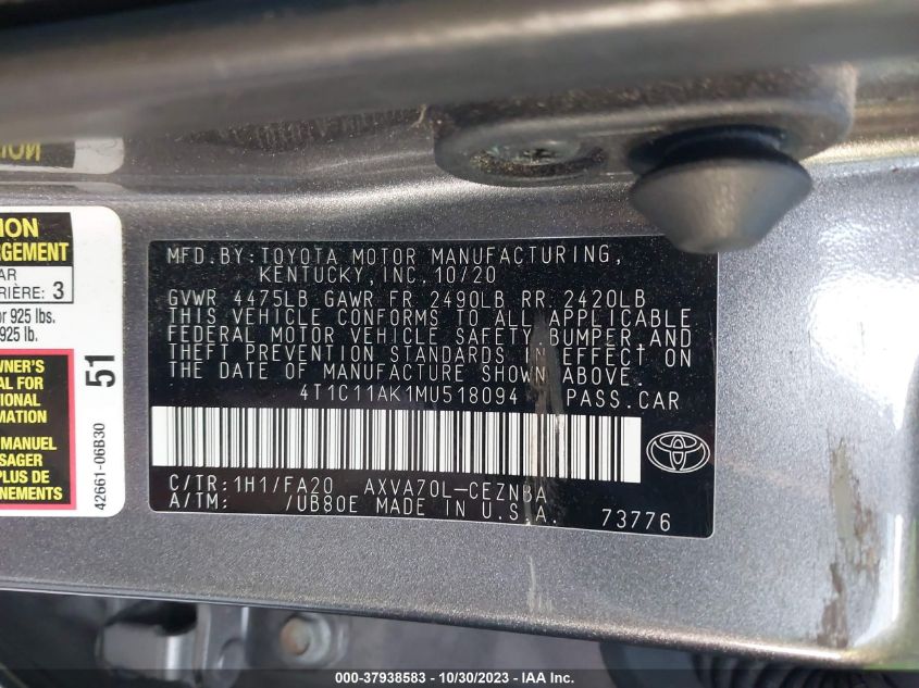2021 TOYOTA CAMRY LE - 4T1C11AK1MU518094