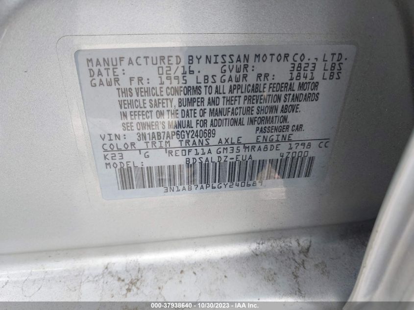 2016 NISSAN SENTRA SR/SL/S/SV/FE+ S - 3N1AB7AP6GY240689