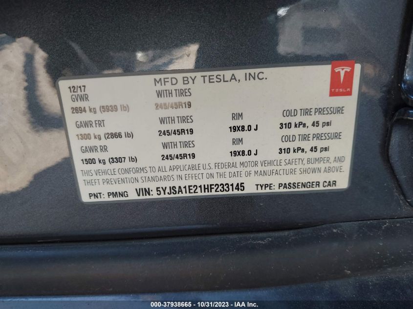 2017 TESLA MODEL S - 5YJSA1E21HF233145