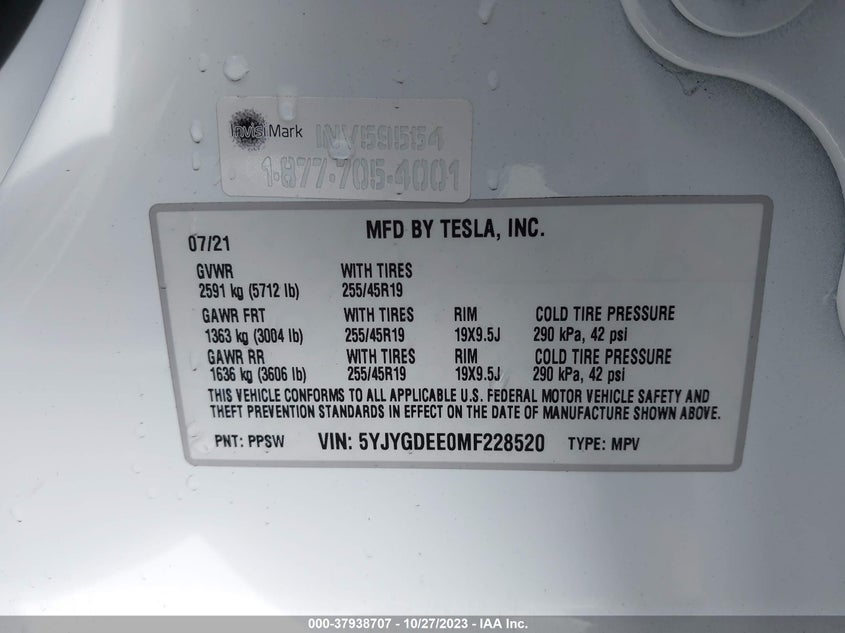 VIN 5YJYGDEE0MF228520 2021 TESLA MODEL Y