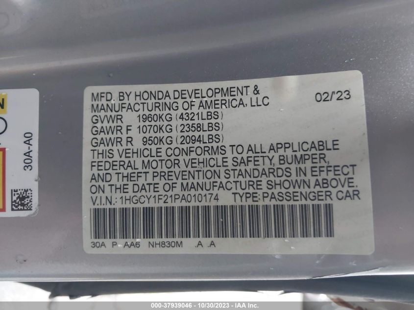 1HGCY1F21PA010174 | 2023 HONDA ACCORD