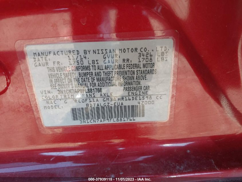 2015 NISSAN VERSA SL - 3N1CN7AP9FL881766