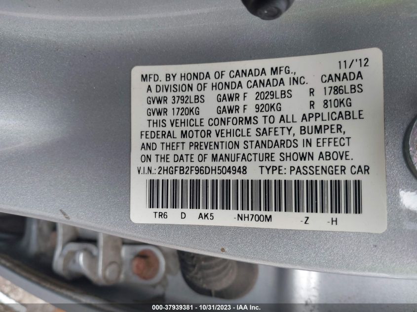 2013 HONDA CIVIC SDN EX-L 2HGFB2F96DH504948