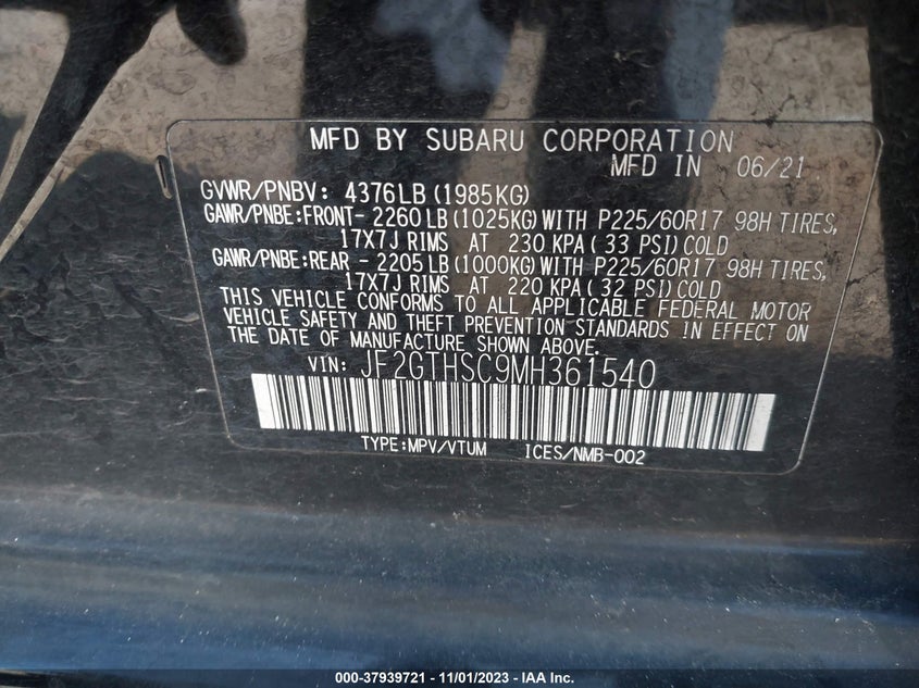 VIN JF2GTHSC9MH361540 2021 SUBARU CROSSTREK SPORT