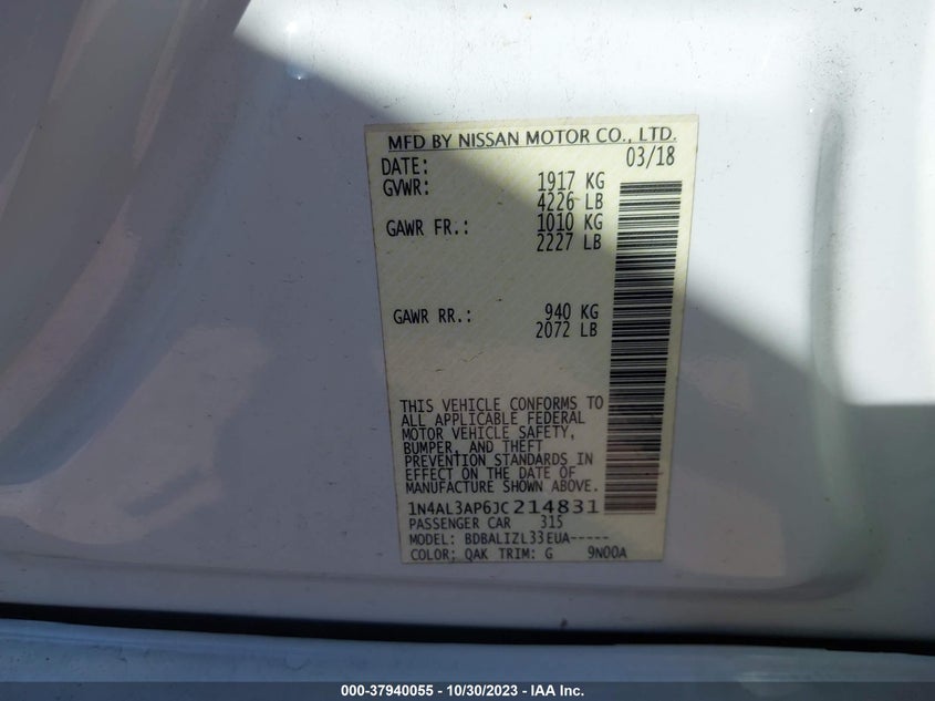 VIN 1N4AL3AP6JC214831 2018 NISSAN ALTIMA 2.5/S/SV/SL/SR