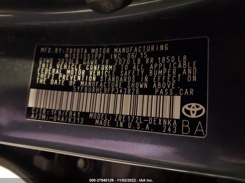 2015 TOYOTA COROLLA L/LE/S/S PLUS/LE PLUS - 5YFBURHE9FP343826