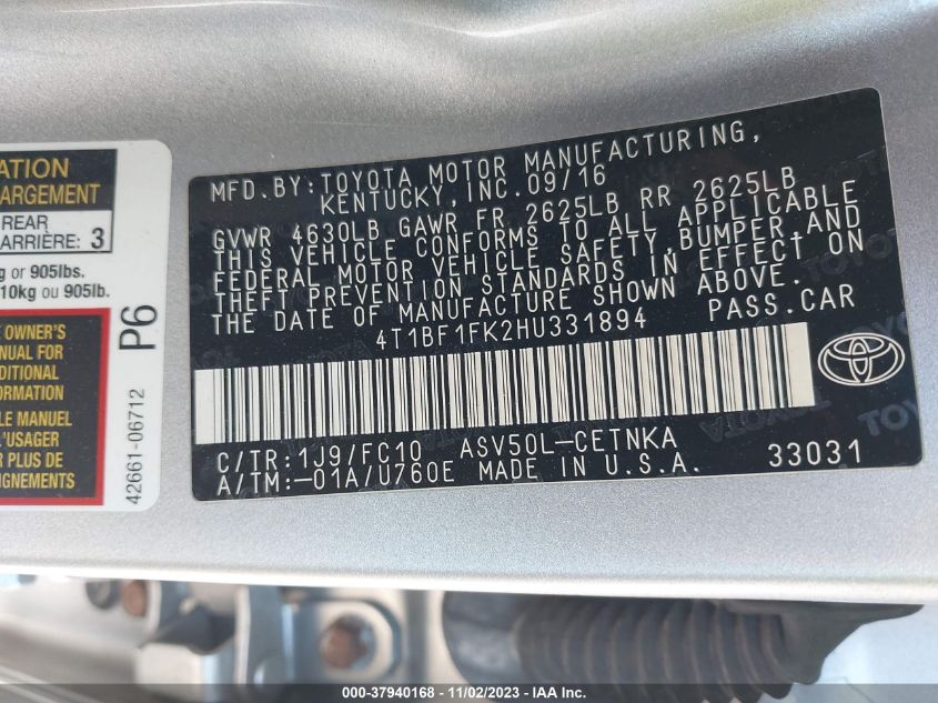2017 TOYOTA CAMRY XLE/SE/LE/XSE - 4T1BF1FK2HU331894