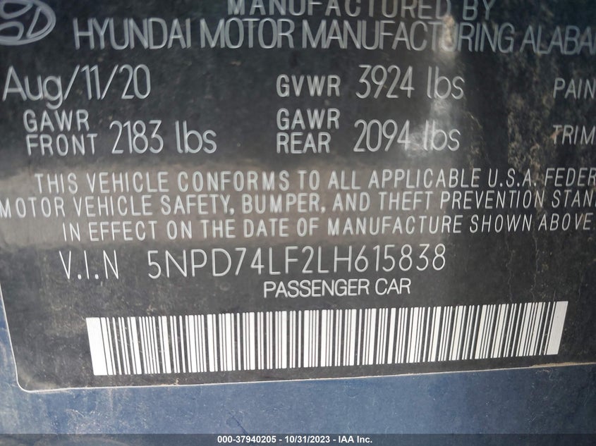 VIN 5NPD74LF2LH615838 2020 HYUNDAI ELANTRA SE