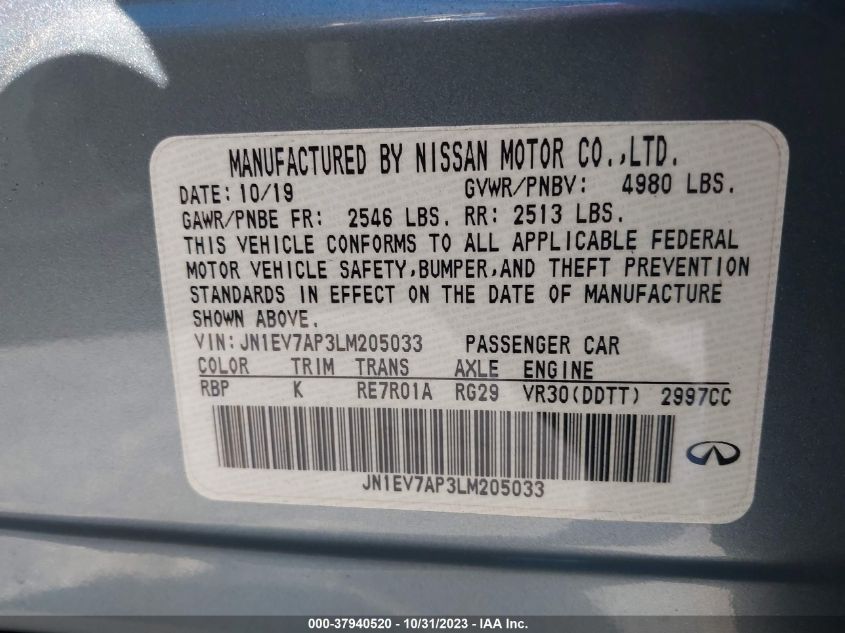VIN JN1EV7AP3LM205033 2020 INFINITI Q50 3.0T LUXE