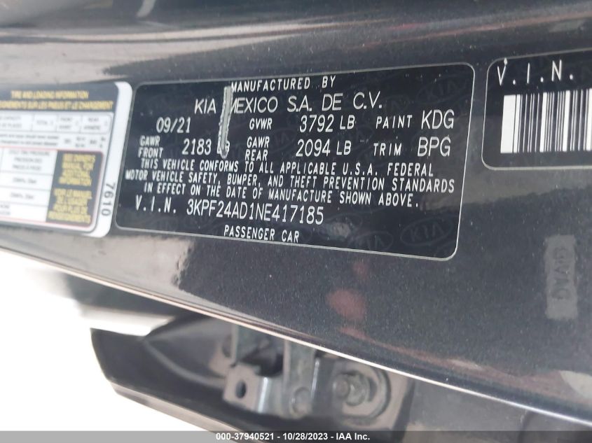 2022 KIA FORTE FE/LXS - 3KPF24AD1NE417185