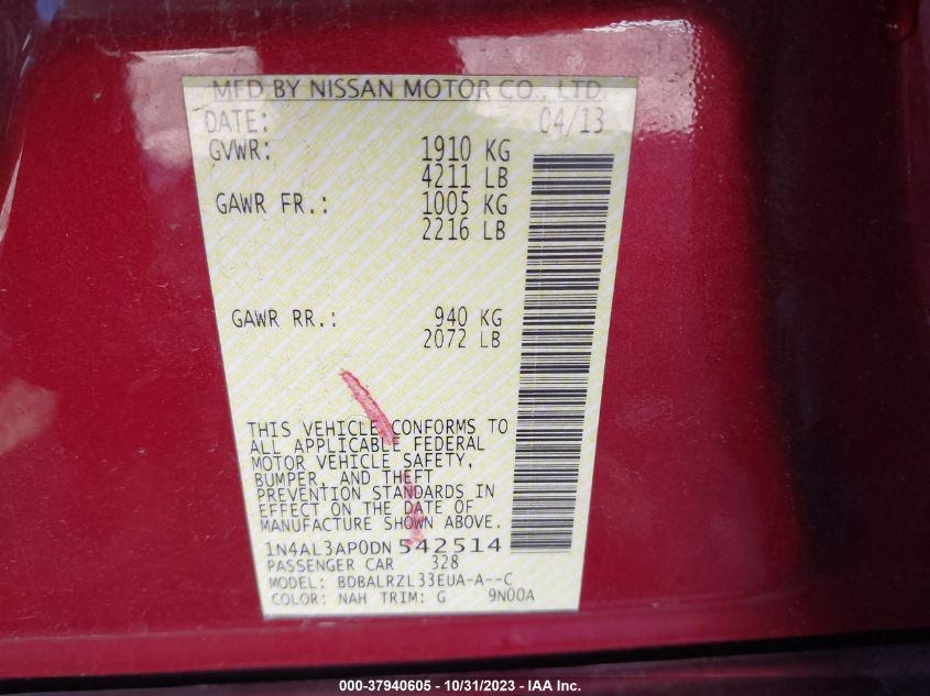 2013 NISSAN ALTIMA 2.5/S/SV/SL - 1N4AL3AP0DN542514