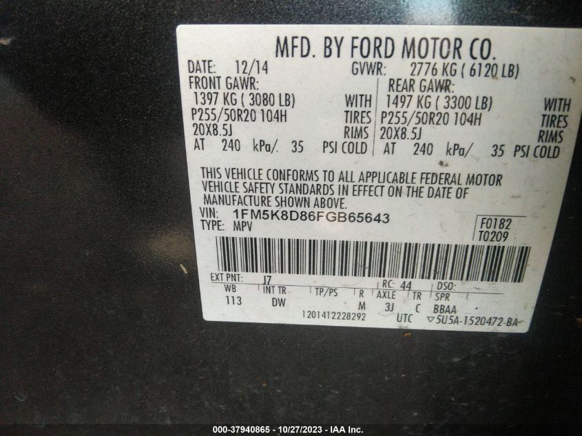 2015 FORD EXPLORER XLT - 1FM5K8D86FGB65643