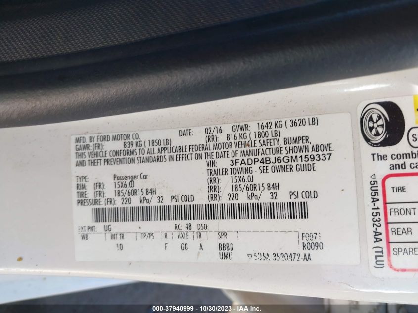 2016 FORD FIESTA SE - 3FADP4BJ6GM159337