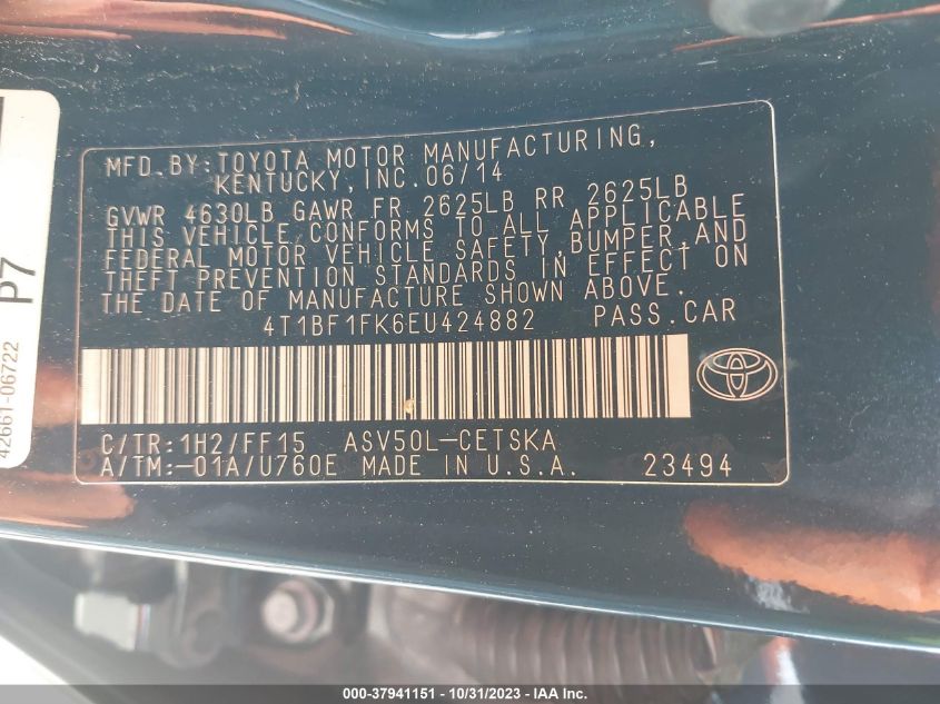 2014 TOYOTA CAMRY L/LE/XLE/SE/SE SPORT - 4T1BF1FK6EU424882