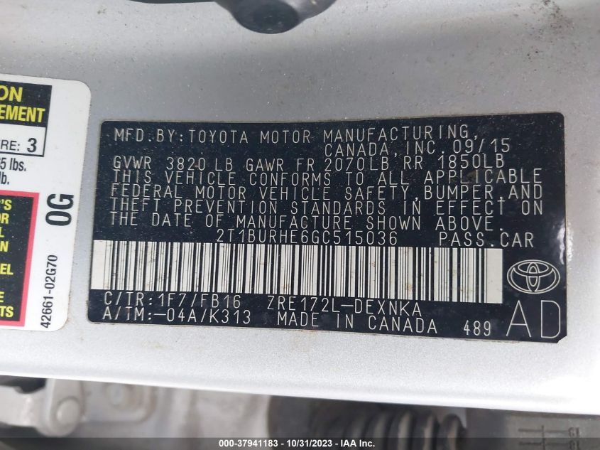 2016 TOYOTA COROLLA L/LE/S/S PLUS/LE PLUS - 2T1BURHE6GC515036
