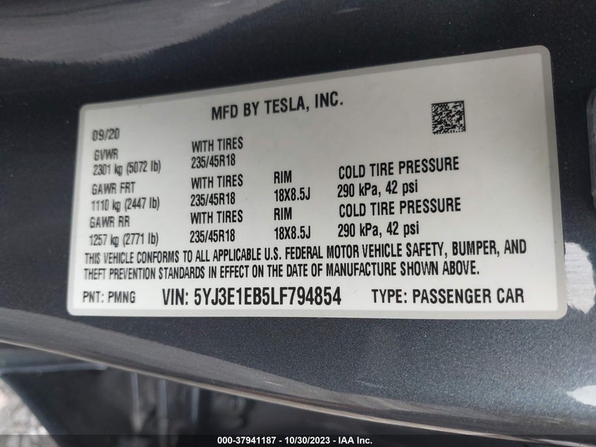 VIN 5YJ3E1EB5LF794854 2020 TESLA MODEL 3 LONG RANGE