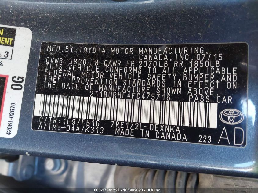 2015 TOYOTA COROLLA L/LE/S/S PLUS/LE PLUS - 2T1BURHE4FC475716