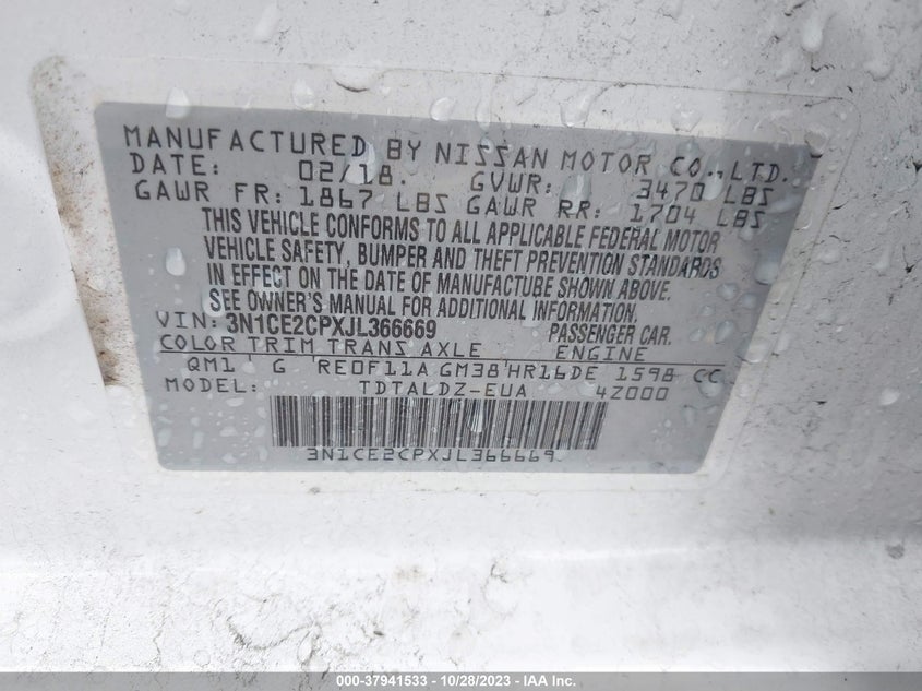 VIN 3N1CE2CPXJL366669 2018 NISSAN VERSA NOTE S/SR/SV