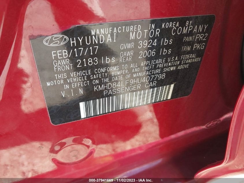 2017 HYUNDAI ELANTRA SE - KMHD84LF9HU407798