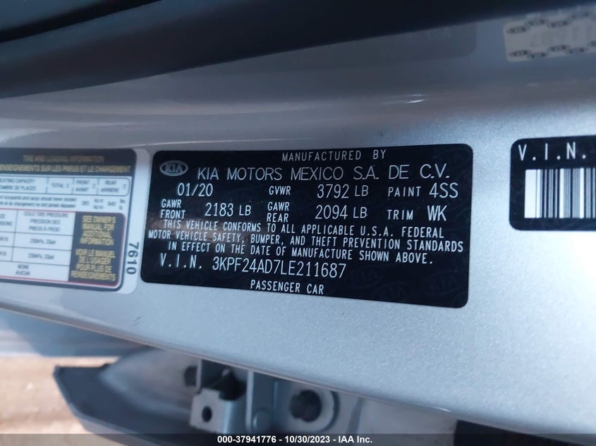 VIN 3KPF24AD7LE211687 2020 KIA FORTE FE/LXS