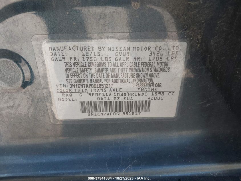 2016 NISSAN VERSA S/S PLUS/SL/SV - 3N1CN7AP0GL851217