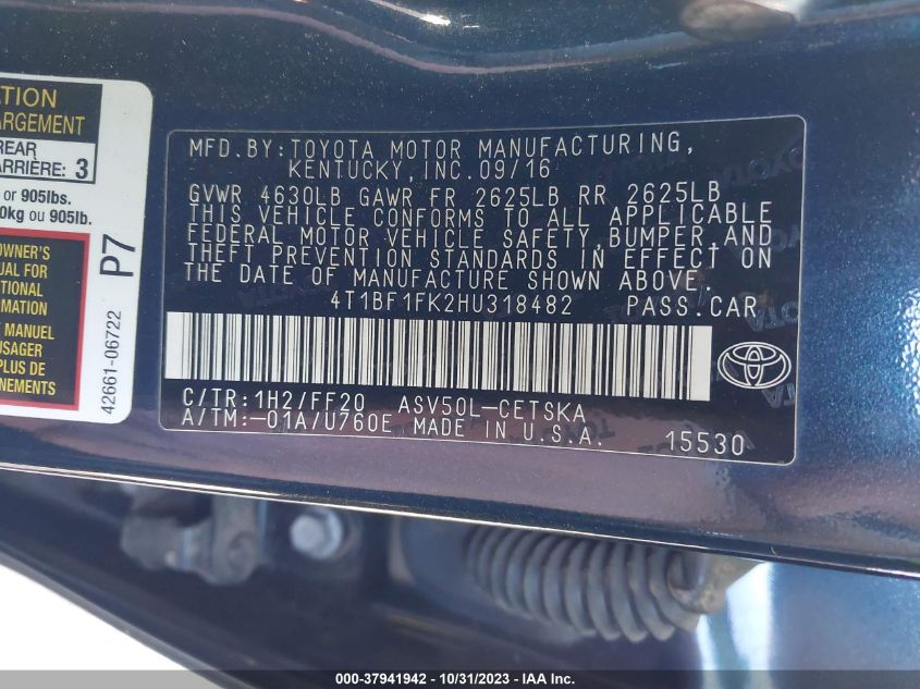 2017 TOYOTA CAMRY LE/XLE/SE/XSE - 4T1BF1FK2HU318482