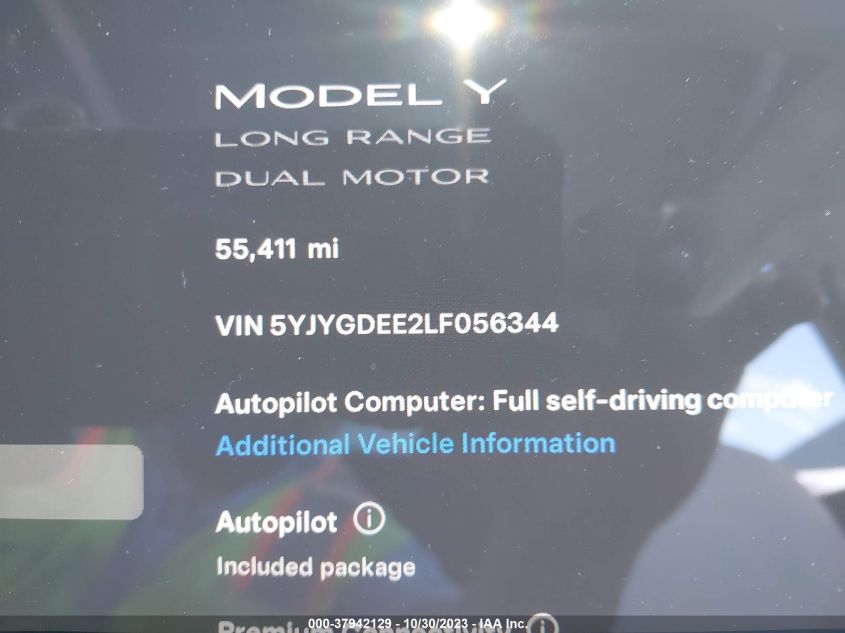 VIN 5YJYGDEE2LF056344 2020 TESLA MODEL Y