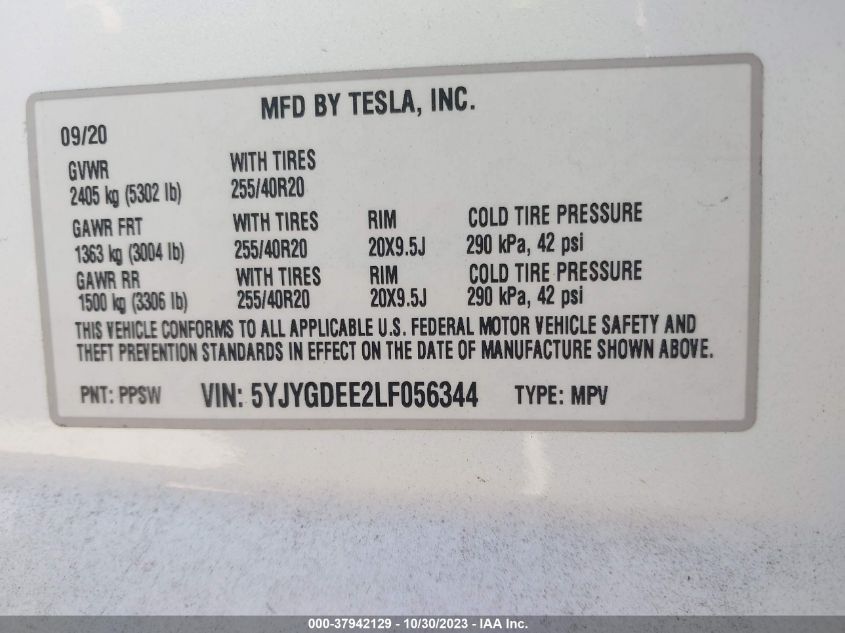 VIN 5YJYGDEE2LF056344 2020 TESLA MODEL Y