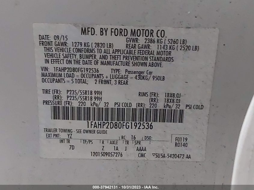 2015 FORD TAURUS SE - 1FAHP2D80FG192536