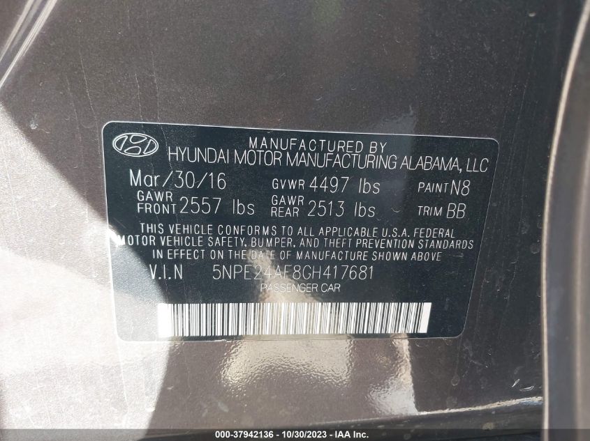 2016 HYUNDAI SONATA 2.4L - 5NPE24AF8GH417681