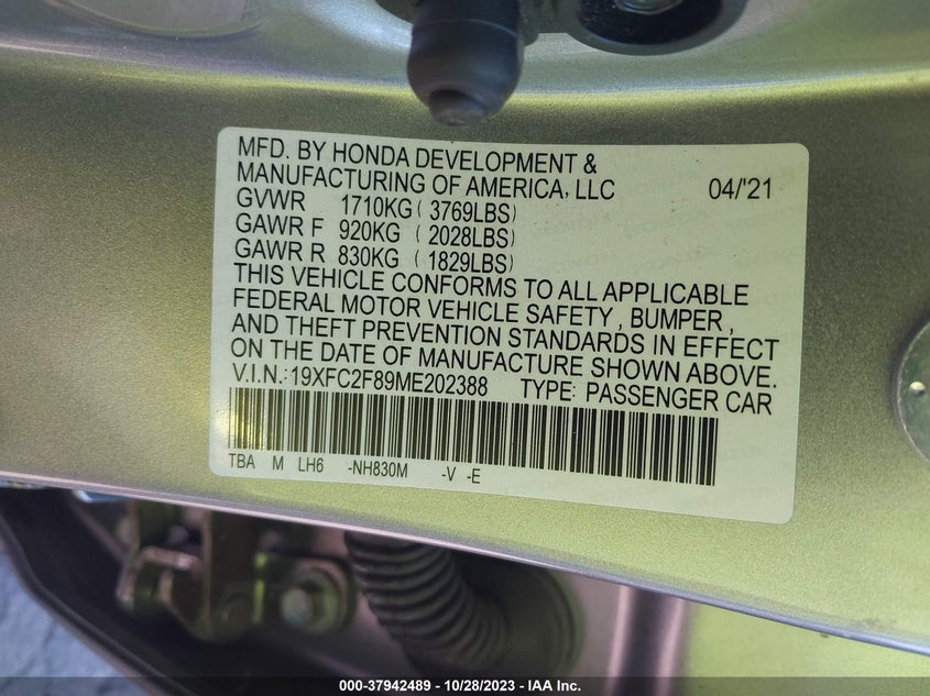 VIN 19XFC2F89ME202388 2021 HONDA CIVIC SEDAN SPORT