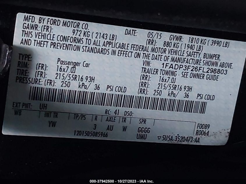 2015 FORD FOCUS SE - 1FADP3F26FL298803