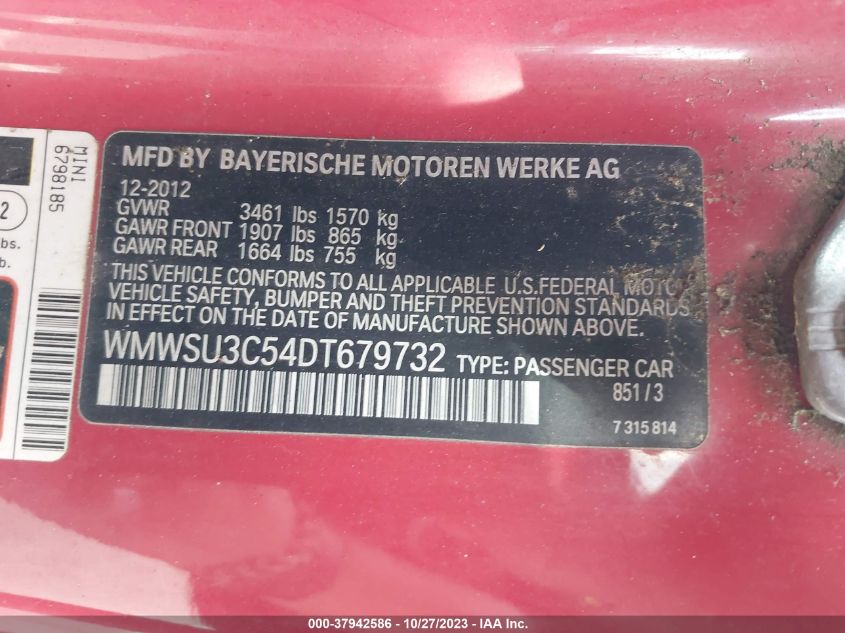 2013 MINI HARDTOP COOPER WMWSU3C54DT679732