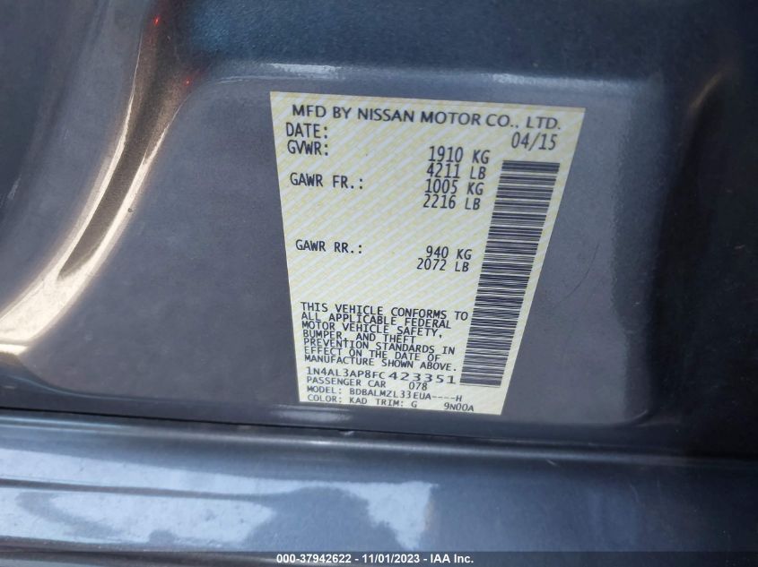 2015 NISSAN ALTIMA 2.5/S/SV/SL - 1N4AL3AP8FC423351