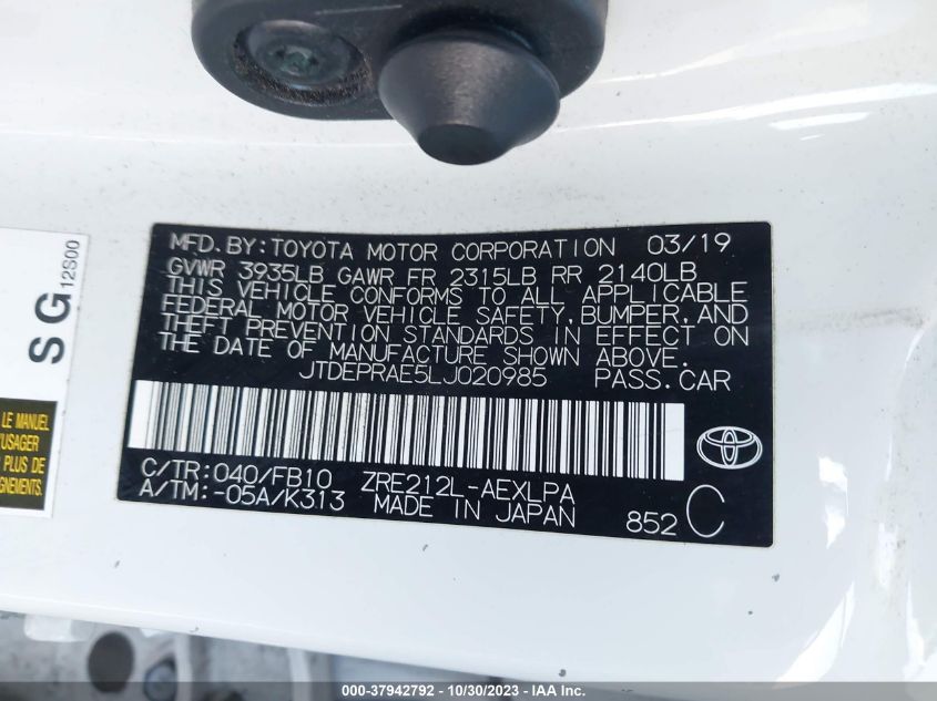VIN JTDEPRAE5LJ020985 2020 TOYOTA COROLLA LE