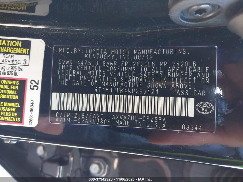 2019 TOYOTA CAMRY LE/SE/XLE/L - 4T1B11HK4KU295421