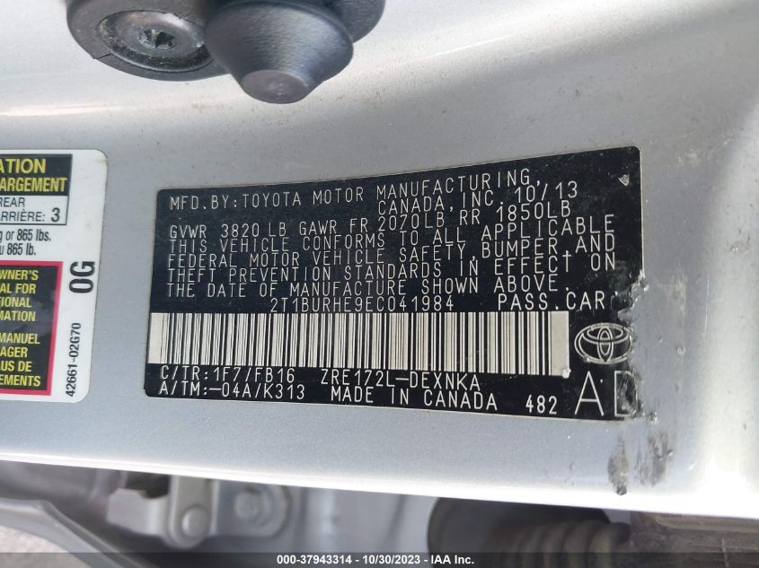 2014 TOYOTA COROLLA L/LE/LE PLS/PRM/S/S PLS - 2T1BURHE9EC041984