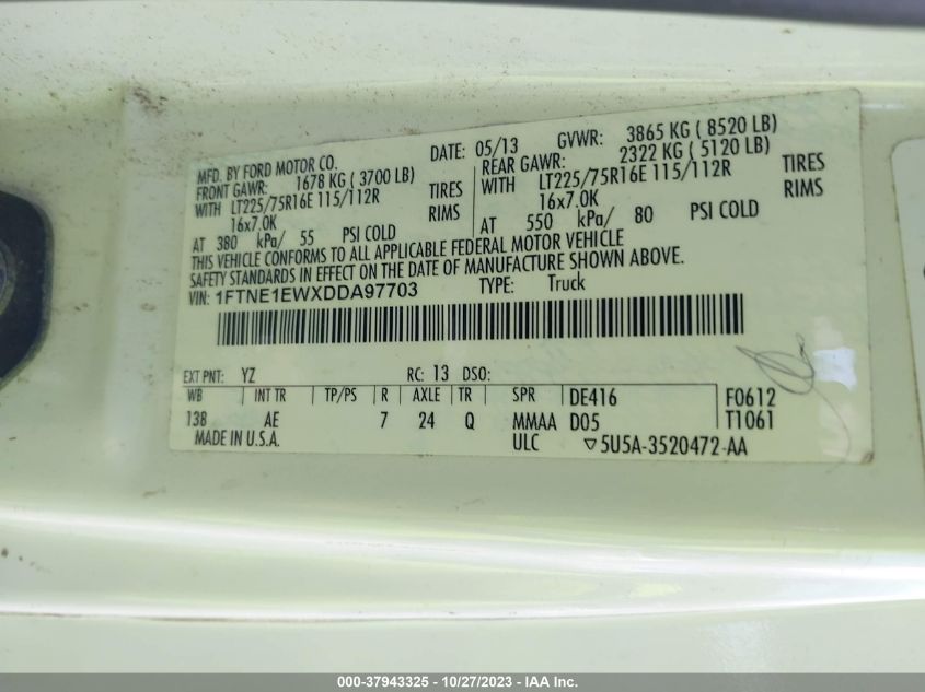 2013 FORD ECONOLINE CARGO VAN COMMERCIAL/RECREATIONAL 1FTNE1EWXDDA97703