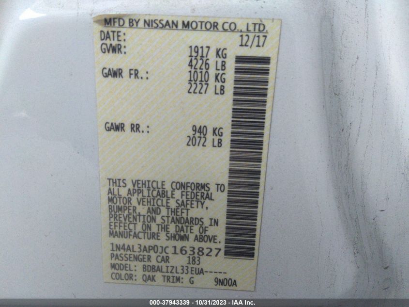 2018 NISSAN ALTIMA 2.5/S/SV/SL/SR - 1N4AL3AP0JC163827